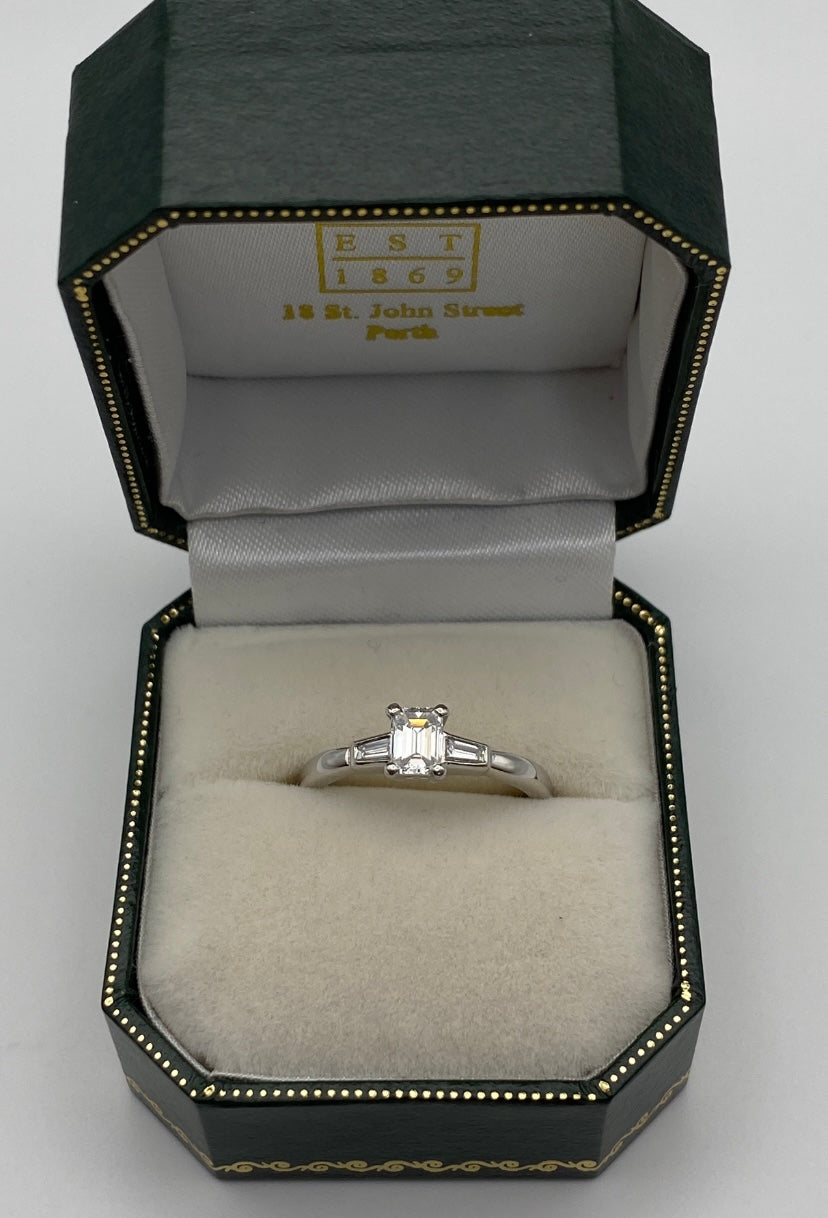 Platinum Emerald-Cut & Baguette Diamond Ring – 0.80ct Total | Pre-Owned | Ring Size: UK M
