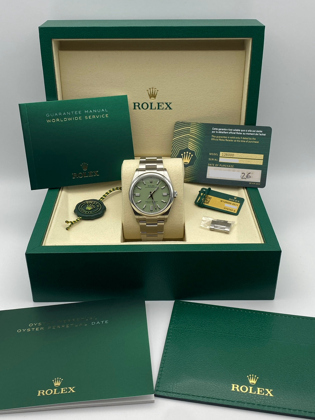 Rolex Oyster Perpetual 126000 36mm pistachio dial box & papers